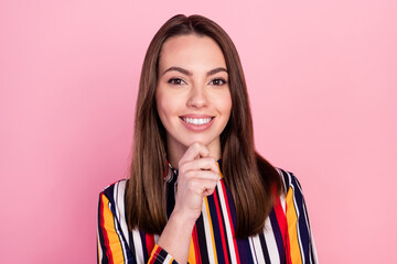 Wall Mural - Photo of thoughtful sweet young lady wear striped shirt smiling arm chin isolated pink color background