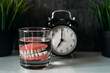 Prosthesis in a glass with a solution. Dental prosthesis care. Full removable plastic denture of the jaws. An acrylic denture in a glass of water and a clock in the background. Dentures or false teeth