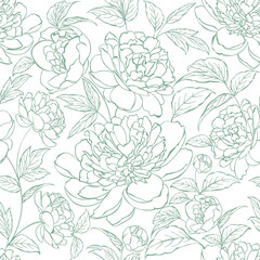  Seamless pattern from flowers of peonies on a white background.