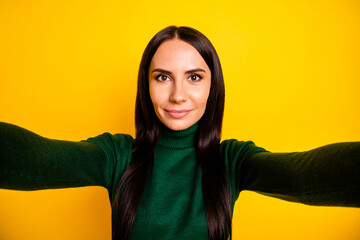 Poster - Photo of nice optimistic brunette long hairdo lady do selfie wear green sweater isolated on bright yellow color background