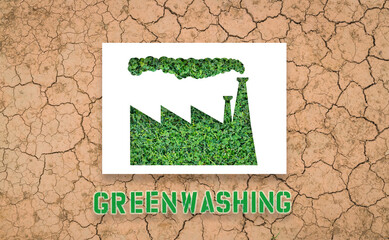 Green washing: sheet of paper with the outline of a factory cut out with green grass inside.
Background with arid soil.
Not all 