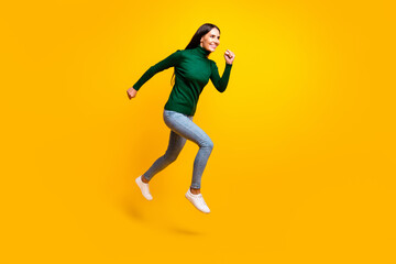 Poster - Full size profile side photo of cute nice cheerful lady jump up run empty space sale isolated on yellow color background