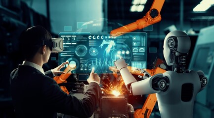 Poster - Mechanized industry robot and human worker working together in future factory . Concept of artificial intelligence for industrial revolution and automation manufacturing process .