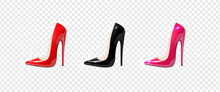 Beautiful Female Shoes Isolated On Transparent Background.High-heeled Shoes, Sexy Shoes, Patent Leather Shoes.Vector Illustration.