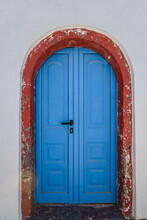 Blue Wooden Door And Wall Backgrounds Of Traditional Greek Island Buildings