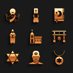 Sticker - Set Church building, Man with third eye, Star of David necklace on chain, Japan Gate, Monk, Holy book Koran and Jesus Christ icon. Vector