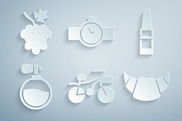 Sticker - Set Bicycle, Lipstick, Perfume, Croissant, Wrist watch and Grape fruit icon. Vector