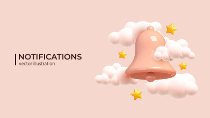 notification message bell icon alert and alarm icon. bell notification icon with gently pink clouds 