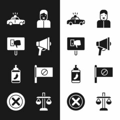 Sticker - Set Megaphone, Protest, Police car and flasher, Censor freedom of speech, Pepper spray, Scales justice and X Mark, Cross in circle icon. Vector