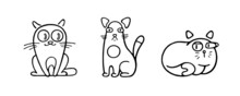 Cute And Funny Black And White Vector Kittens In Abstract Style. Funny And Rounded Shapes Of Animalistic Cartoon Cat Or Cat Are Universal For All Occasions