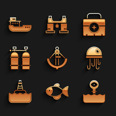 Poster - Set Anchor, Fish, Periscope, Jellyfish, Floating buoy, Aqualung, First aid kit and Cargo ship icon. Vector