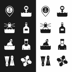 Sticker - Set Rum bottle, Lighthouse, Location with anchor, Periscope, Bottle message in water, Sailor captain, Boat propeller and Flippers for swimming icon. Vector