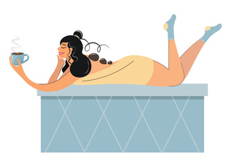 The girl takes spa treatments. Woman resting on a marble slab in a sauna with a cup of tea coffee Vector with cute brunette. Spa - hot stone massage for relaxation and pleasure with a cup of coffee.