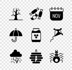 Sticker - Set Bare tree, Candy, November calendar autumn, Storm, Hive for bees, Spider, Umbrella and Jar of honey icon. Vector