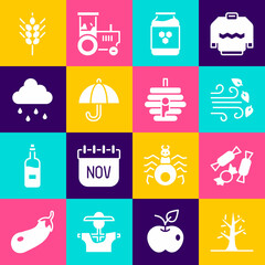 Sticker - Set Bare tree, Candy, Windy weather, Jar of honey, Umbrella, Cloud with rain, Wheat and Hive for bees icon. Vector