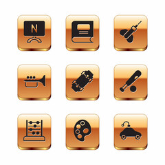 Sticker - Set Smart Tv, Abacus, Palette, Skateboard, Trumpet, Dart arrow, Radio controlled car toy and Book icon. Vector