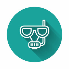 Sticker - White line Diving mask and snorkel icon isolated with long shadow. Extreme sport. Diving underwater equipment. Green circle button. Vector