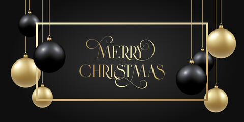 Wall Mural - Christmas Black and Golden Baubles on Dark Background. Modern Golden Glitter Greetings Frame Template. Winter Holiday Social Media Card or Poster Mockup. New Year 3D Ball Social Network Banner