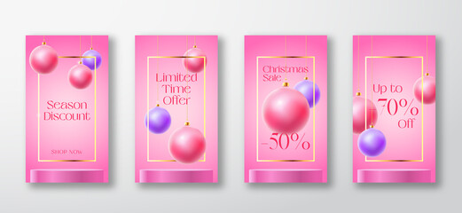 Wall Mural - Christmas Stories Vector Advertising Cards or Posters Set. Season Promo Background with Realistic Baubles and Sale Text Copy Space. New Year Winter Holidays Discount Pink Story Decoration Templates