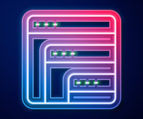 Glowing neon line Software, web developer programming code icon isolated on blue background. Javascript computer script random parts of program code. Vector