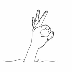 Wall Mural - Vector continuous one single line drawing icon of hand gesture ok or zero in silhouette on a white background. Linear stylized.