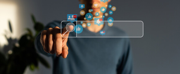 Businessman clicking internet search page on virtual screen.Searching browsing internet data, information networking, search new job Concept