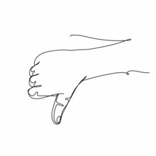 Vector Continuous One Single Line Drawing Icon Of Hand Thumb Down In Silhouette On A White Background. Linear Stylized.