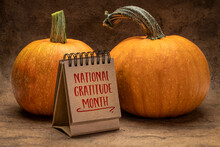 National Gratitude Month  - Handwriting In A Desktop Calendar With Pumpkins, November And Fall Season Concept