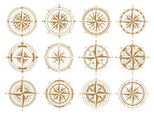 Retro Old Nautical Navigation Rose Wind Compass. Vintage Rose Wind Marine Navigation Measure Compasses Vector Illustration Symbols Set. Antique Navigation Skipper Compasses