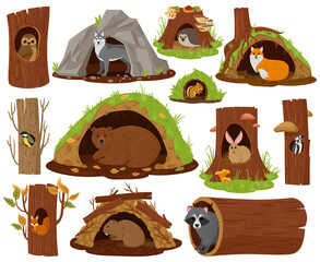 Cartoon forest animals inside hollow, burrow and nest. Woodland fauna in burrows and tree hollows vector illustration set. Owl, bear and hedgehog