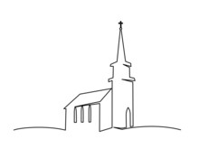 Church Building Hand Drawn. Continuous One Line Drawing Silhouette.
