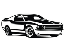 Graphic Illustration Of Vintage American Muscle Car Vector Silhouette Front View Isolated Black White