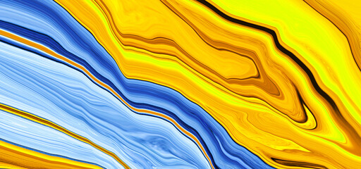 Abstract yellow fluid texture background with blue water waves. Alcohol ink color gradient. Trendy Art flyer. Luxury poster. Swirling paint effect. Golden design backdrop. Earthy tones. Energy. Wall