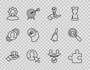 Sticker - Set line Project team base, Piece of puzzle, Light bulb in hand, User man business suit, Human with gear inside, head lamp, and Magnifying glass for search people icon. Vector