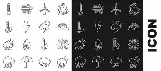 Sticker - Set line Cloud with rain and moon, Snowflake, Rainbow clouds, Wind turbine, Lightning bolt, Thermometer, and Storm icon. Vector