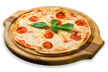 Sticker - Pepperoni pizza with basil on wooden board isolated on white background