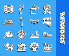 Sticker - Set line Drum with drum sticks, Seesaw, Fast street food cart, Magic hat and wand, Roller coaster, Circus wagon and Carnival garland flags icon. Vector