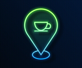 Canvas Print - Glowing neon line Location with coffee cup icon isolated on blue background. Vector