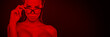 Sexy woman in red light holding eyeglasses banner