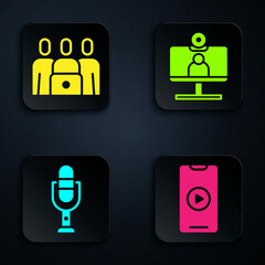 Wall Mural - Set Online play video, Online class, Microphone and Video chat conference. Black square button. Vector