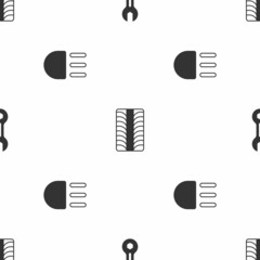 Poster - Set Wrench spanner, Car tire wheel and High beam on seamless pattern. Vector