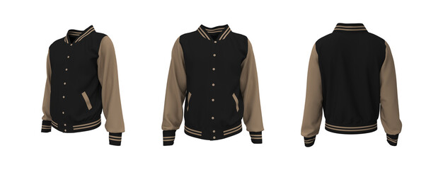 Baseball jacket mockup in front, side and back views. 3d illustration, 3d rendering