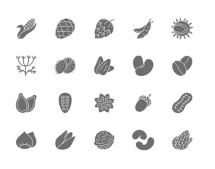 Wall Mural - Set of Nuts, Seeds and Vegetables Grey Icons. Pack of 48x48 Pixel Icons