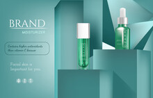 Cosmetic Tube Luxury Skincare With Light On Blue Green Square Podium Background.