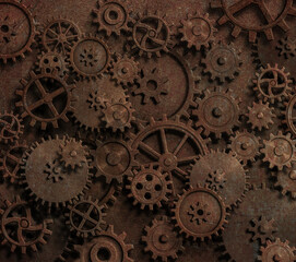 Wall Mural - Old rustic gears and cogs clock mechanism. 3d illustration.