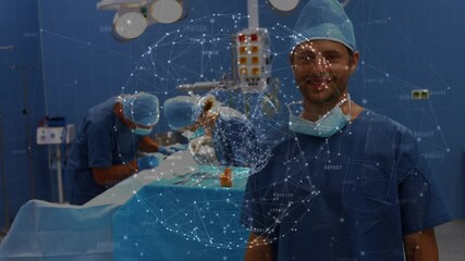 Poster - Animation of globe with network of connections over surgeons in operating theatre