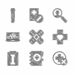 Sticker - Set Crossed bandage plaster, Medical clipboard, hospital medical, Heart with cross, X-ray shots, Laptop cardiogram, analysis and Test tube blood icon. Vector