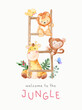 jungle slogan with cute animal hanging on ladder illustration