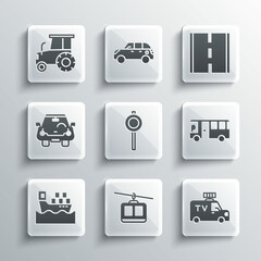 Wall Mural - Set Cable car, TV News, Bus, Road traffic signpost, Cargo ship with boxes, Tractor and icon. Vector