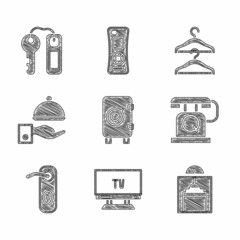 Canvas Print - Set Safe, Smart Tv, Lift, Telephone handset, Door handle, Covered with tray, Hanger wardrobe and Hotel door lock key icon. Vector